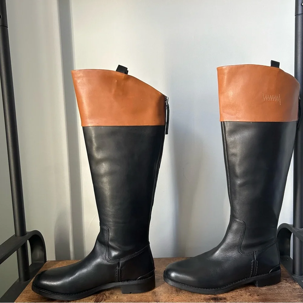 Franco Sarto Women's Meyer Knee High Riding Boots in black and brown leather 8.5